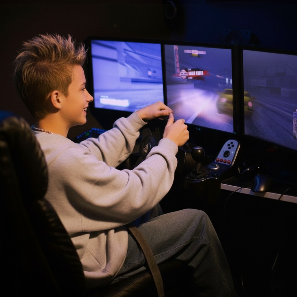 Muzeum gamingu, Symulator, trzy monitory, kierownica, Kierownica Logitech G25